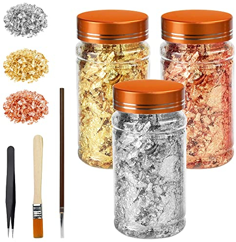 OLRWSLG 3 Flasche Goldflocken Aluminiumfolie Flocken 3 Arten Farbe Gold Flocken Set Schöne Gold Flakes mit Bürste Pinzette und feiner Pinsel Blattgold Flocken für Basteln Heimtextilien Nagelkunst