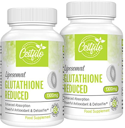 Liposomal Glutathione Reduced 1300 mg, Active Form L Glutathione Reductase (GSH), Powerful Antioxidant for Optimal Cell Protection (60 Count (Pack of 2))