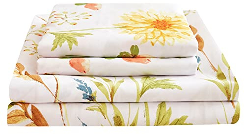 JSD Yellow Floral Printed Sheet Set King Size, 4 Piece Soft Botanical Microfiber Bedding Sheets Extra Deep Pocket