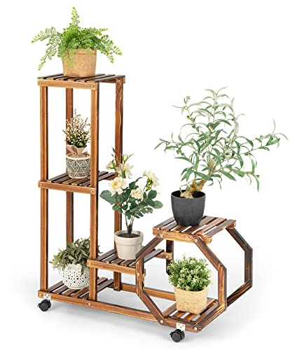 GOPLUS Pflanzenregal 6 Ebenen, Blumenregal Holz mit Rollen, Blumenbank Pflanzentreppe Blumentreppe für Balkon & Terrasse (87,5 x 29 x 102,5 cm)