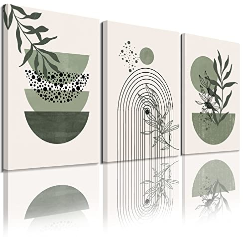 Sage Green Wall Posters & Prints, Green Boho Wall Art Set of 3, Minimalist Framed Wall Art Geometric Line Leaf Sun Moon Beige Green Canvas Artwork Paintings
