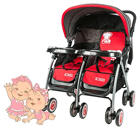 SRDCAIM Doppel-Kinderwagen, Twin Geschwisterwagen,Kinderwagen für Zwillinge und Geschwister,Verstellbarer Faltbarer Zwillingsbuggy, Ausziehbares Verdeck, für 2 Kinder, Einhändig Faltbar