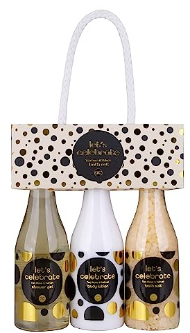 Accentra - Set de regalo Celebremos a las mujeres en botellas de champán Set de baño y ducha que incluye gel de ducha, loción corporal y sal de baño Set de bienestar de 3 piezas para mujeres y niñas