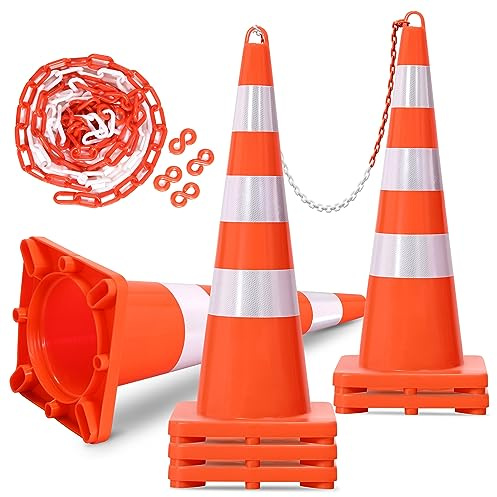 YITAHOME Traffic Cones 36 Inch (6 Pack), with 16.4FT Chain and Reflective Collars, PVC Orange Construction Cones, Safety Cones for Parking Lot, Home Road
