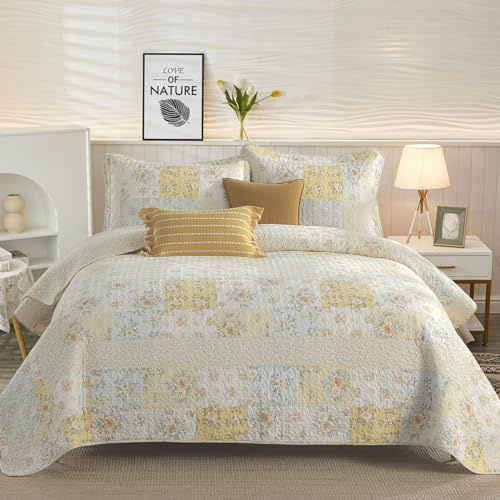 DDUOXIN Oversized King Quilt (120x120) - 100% Cotton Reversible Floral Quilted Bedspread with 2 Pillow Shams, Farmhouse Lightweight Bedspreads Coverlet Sets, Yellow/Cream White