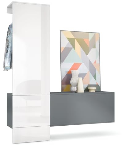 Vladon Carlton Hallway Set 4, Set di contenitori per corridoi con 1 Pannello Appendiabiti, 1 Mobile, Antracite Opaco/Bianco Lucido (156,5 x 193 x 35 cm)