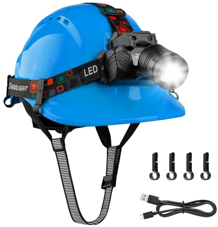 Mustbau EN397 Schutzhelm mit LED, Bauhelm für Erwachsene, mit Gestensensor-LED-Licht, Lange Batterielebensdauer Geeignet für Baustellen, Nachtarbeit, Angeln, ABS-Material für Männer und Frauen-Blau