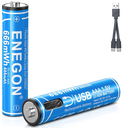 ENEGON AAA Rechargeable Batteries 2 Pack, 1.5V 925mWh USB C Lithium Batteries with 2-in-1 Charging Cable, No Charger Needed, USB Rechargeable, Eco-Friendly, for High-Drain Devices