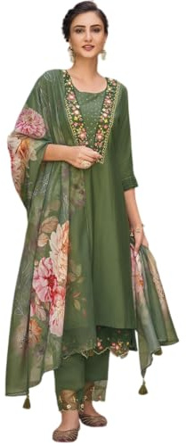 The Red Lion Enterprise women Anarkali Dress, Alia cut kurti pant and Dupatta 3pc set for women dress, Mehndi Green, XXL
