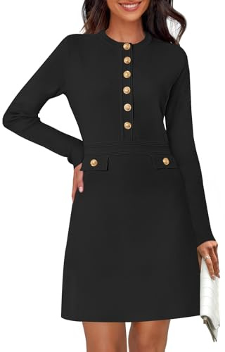 MEROKEETY Women's Fall 2025 Long Sleeve Bodycon Sweater Dress Button Crew Neck Winter Formal Mini Dresses, Black, Large