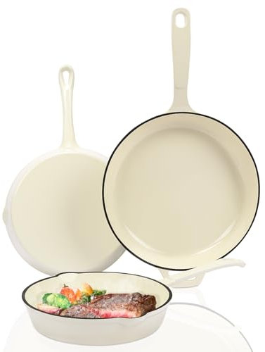 Hisencn Enameled Cast Iron Skillet Set - 3-Piece Fry Pans 20.3, 24.1, 27.9cm (8,9.5,11), PFAS/PTFE/PFOA-Free, Oven & Induction Safe, Cream White Cookware for Gas, Electric, Ceramic Stovetops​