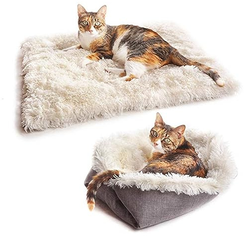 SHUAIGUO Kattsäng husdjurssäng, tvättbar kattfilt husdjurstäcke, 2-i-kattfiltar för små hundar och katter, varma, bekväm fluffig matta kattsäng kattfilt (vit)