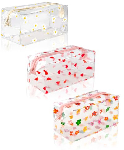 Flintronic Lot de 3 grandes trousses à crayons transparents en PVC Cœur + marguerite + tournesol, pour femmes et filles