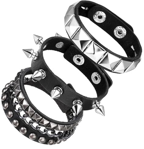 3 Stück Punk Nietenarmband Schwarzes Gothic Lederarmband Verstellbar Breite Rock Armband 80er Jahre Retro Party Halloween Party Punk Accessoires Herren Damen