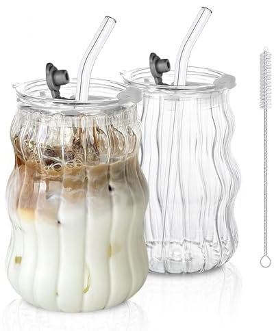 KEMORELA Gerippte Trinkgläser mit Glasstrohhalmen 2er Set, 530ml – Vintage Blasenglas für Eiskaffee, Longdrinks, Cocktails & Wasser, stilvolle wave Glasbecher, ästhetisches Design (2)