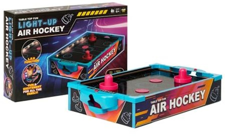 Toy Mania Light Up LED Mini Table Air Hockey with Pucks & Pushers, Portable Arcade-Style Gaming, Battery-Operated with Sliding Scoreboards, Fast-Paced Action Table Hockey Game Set for Family Fun