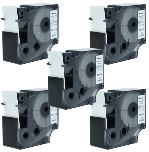 vhbw 5X Schriftband-Kassette kompatibel mit Dymo Rhino 6000, 5000, 5200, 4200, 3000, 1000 Etiketten-Drucker 5,5m x 24mm Schwarz auf Weiß, Vinyl