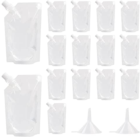 Sacchetti per Bevande, 15 Pezzi Sacchetti Riutilizzabili per Bevande, Sacchetti per Bevande Festive Trasparente con 2 Pezzi Imbuto, Flaconi per Bevande per Succhi di Frutta Acqua Latte, 200ml