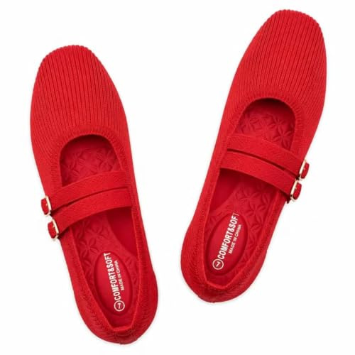 Frank Mully Women's Flats Square Toe Mary Jane Shoes Ballet Flats with Strap Comfortable Slip On Knit Shoes Dressy Casual, Red, 5 UK