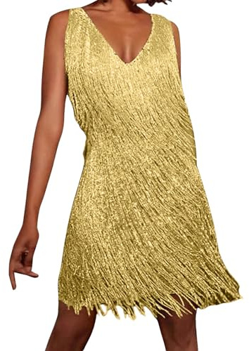 Generisch Vestido con flecos, vestido de discoteca ocre, para mujer de los años 20, minivestido de verano para mujer con flores, dorado, XL
