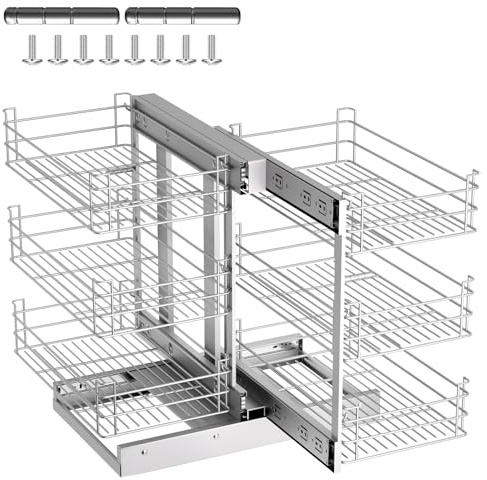 Modern Stainless Steel Blind Corner Cabinet Organizer, 3 Tier Soft Close Pull Out Storage System, 6 Basket Kitchen Drawer for 17 Min Opening