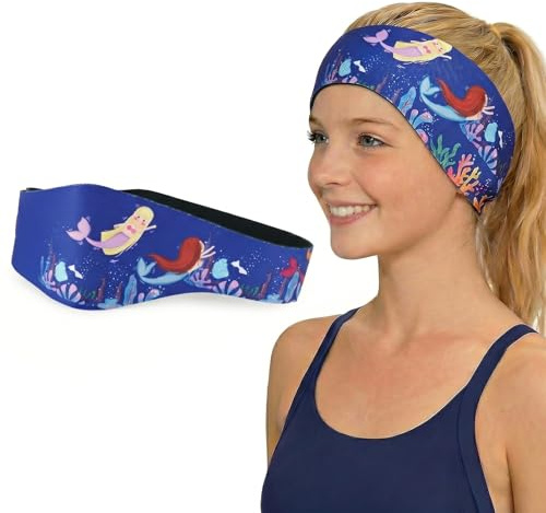 Bandeau Piscine Oreille Enfant en Néoprène, Bandeau de Natation Ajustable pour Protection Oreilles contre l'Eau, Idéal pour Piscine, Plage et Sports Nautiques, Motif Sirène Bleu Foncé, 58 x 8 cm