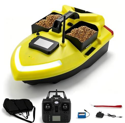 Oxylonty Barca per mangimi con GPS RC, barca a distanza con 3 camere di esca, luce LED, ritorno automatico, barca GPS Cruise con batteria da 12000 mAh