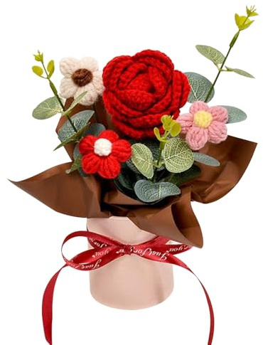 BSITSSS Rose Rosse Artificiali All'uncinetto, Decorazioni Floreali Conservate Fatte a Mano, Piccolo Bouquet di Fiori Artificiali per Lauree, Matrimoni, Compleanni, Festa Della mMamma