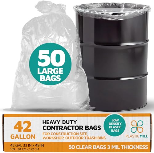 PlasticMill Contractor Bags Heavy Duty - Commercial, Industrial Garbage Bags - Clear Construction Trash Bags - Outdoor, Garden Trash Bags, 42-Gallon, 3 Mil, 33x49 (50-Count)