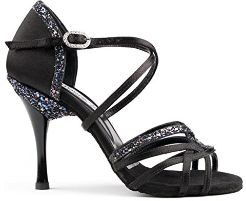 Portdance Damen Tanzschuhe PD800 Pro - Satin Schwarz/Glitzer - 5.5 cm Slim [EUR 40]