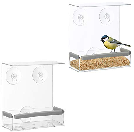 2 x Vogelfutterhaus, Vogelfutterspender aus Acryl, Vogelhaus für Fensterscheibe, 16,5 x 15 x 7,5 cm, transparent