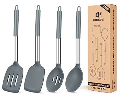 Pack of 4 Silicone Cooking Utensils Set, Non Stick Large Solid Spatulas, Heat Resistant Gray Slotted Spoons, Ideal BPA Free Kitchen Turners for Frying, Mixing,Serving,Draining,Turning,Stirring