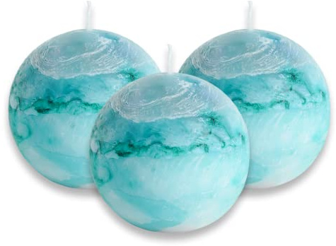 LPUSA Tie-dye Turquoise Rustic Ball Pillar Candles - 3 Inch Unscented Round Candles for Wedding Decoration and Home Decor - Set of 3 Paraffin Sphere Candles