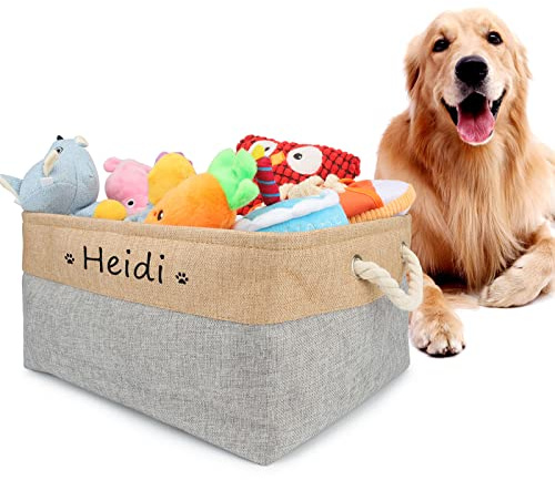 Cuperay Cesta de almacenaje personalizada con nombre y dibujo, cesta plegable para juguetes de perro con asa de algodón, caja de almacenaje para organizar comida, ropa y accesorios para perros(Gris)