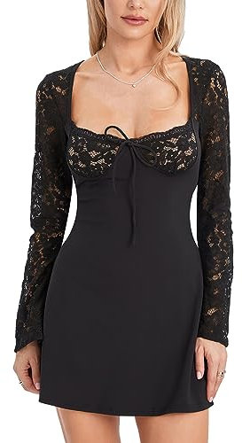 Carolilly Women's Mini A-Line Dress - Casual Long Sleeve Lace Dress - Sexy Low-Cut Mini Clubwear (Nero, S)