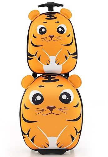 RELAX4LIFE Set 16''+12'' di Valigie per Bambini 2 in 1, 2 Pezzi, Trolly 16''+Zaino 12'', con Ruote Girevoli, Maniglia Retrattile, Zaino con Piedini in Plastica (Tigre)
