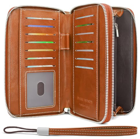 HNOOM Cartera Grande de Mujer en Cuero PU con RFID Bloqueo, Billetera Larga con Cremallera, 14 Ranuras para Tarjetas (Marrón)