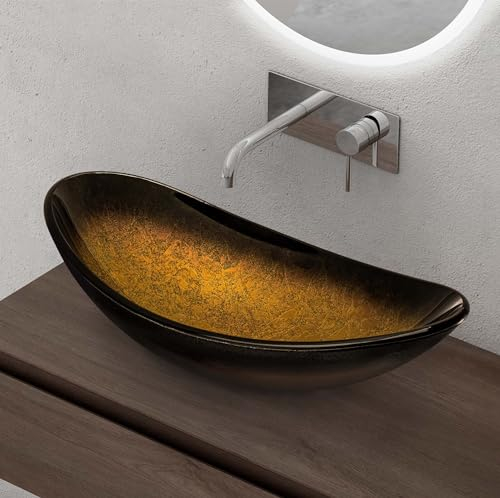 doporro Lavabo da Appoggio in Vetro Temperato Lavandino Bagno Ovale 53,5 x 35,5 x 16 cm Oro Nero Sfumato Lavello Design Artistico con Texture per WC Ospiti Minerva08