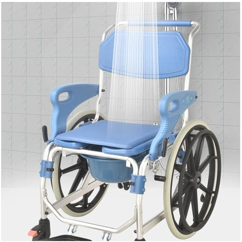 Comoda Toilette con Ruote Sollevabile Portatile, Sedia da Toilette Mobile per Doccia con Ruote Bloccabili, Sedia da Doccia con Ruote con Braccioli e Poggiapiedi, Sedia a Rotelle da Viaggio p