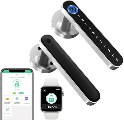 Fingeravtryckshandtag dörrlås smart dörrlås spakar eLinkSmart nyckellös ingång dörrknopp för sovrum framdörr bluetooth app telefon iOS klocka silver
