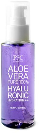 PFC Cosmetics Gel Aloe Vera Puro 100% Natural con Ácido Hialurónico y Pantenol 100ml. Rápida Absorción. Hidrata, Refresca, Calma y Repara Unisex. Afertsun Facial y Corporal, Depilación y Afeitado.