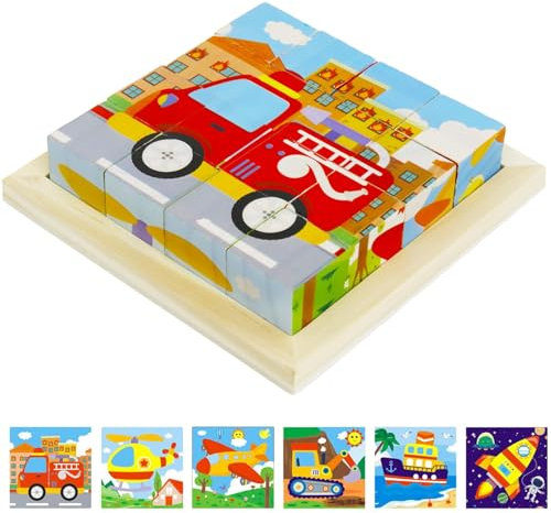 Würfelpuzzle Holz, 6 in 1 Verkehr-Motive Holzpuzzle, 3D Bilderwürfel Puzzlespiele für Kinder ab 1 2 3 4 Jahre, Montessori Spielzeug, Holzpuzzle Kinder, Lernspielzeug Geschenk für Jungen und Mädchen