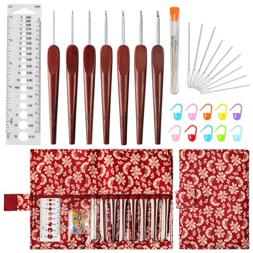 28pcs Crochet Gift Premium Redwood Crochet Hook Set 2.0 mm - 5.0 mm with Stitch Markers, Yarn Needless, Knitting Bag Case