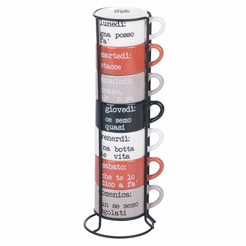 Villa d'Este Home Tivoli Set 7 kaffekoppar 90 ml stapelbara porslin med stativ, S.P.Q.eRe