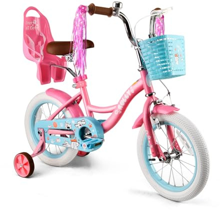 RULLY Vélo Fille 14 Pouces Rose avec roulettes stabilisatrices – Vélo Enfant avec Panier et siège poupée pour 3–5 Ans, Cadeau pour Fille