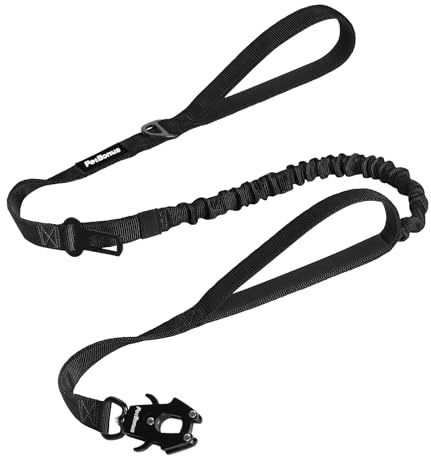 PetBonus Heavy Duty Tactical Dog Lead, 150 cm Bungee Shock Absorption Lead with 2 Padded Handles, Quick Release Metal Clip, Car Seatbelt, No Pull Training Leash for Large Medium Dogs (Black)