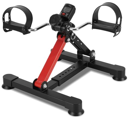 Hebitod Mini motionscykel ben- och armtränare, vikbar bentränare med LCD-display och steglöst motstånd, kompakt pedaltränare med halkfria fötter, svart-röd