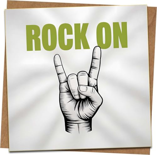 Rock On Greeting Card, 145 x 145 mm Square, Hand Horns Illustration for Music Lovers/Metal Fans, Birthday/Congrats, Includes Kraft Envelope