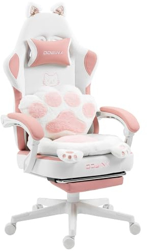 Dowinx Gaming stol ergonomisk med fotstöd, katttassar gamingstol av tyg, vinglös sittdesign, justerbar gamingstol & PC-stol, spelstol rosa katt, för vuxna