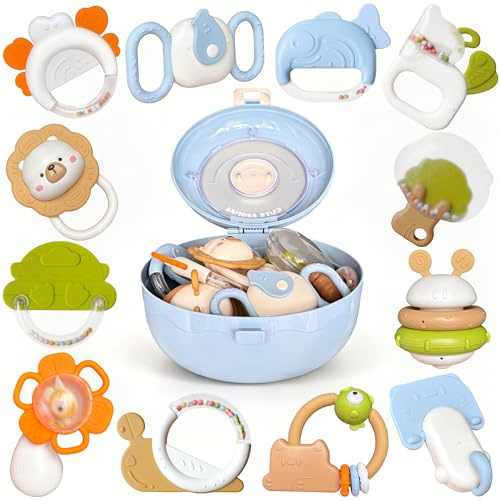 Kulveanju Jouet Bebe 6 Mois, 12 Pièces Anneau Dentition Bebe Hochet avec Boîte de Stockage, Sensoriel Jouet Dentition Bébé, 3-6 6-12 Mois Autiste Enfant Jeux d Eveil, Cadeau Nouveau né Fille & Garcon